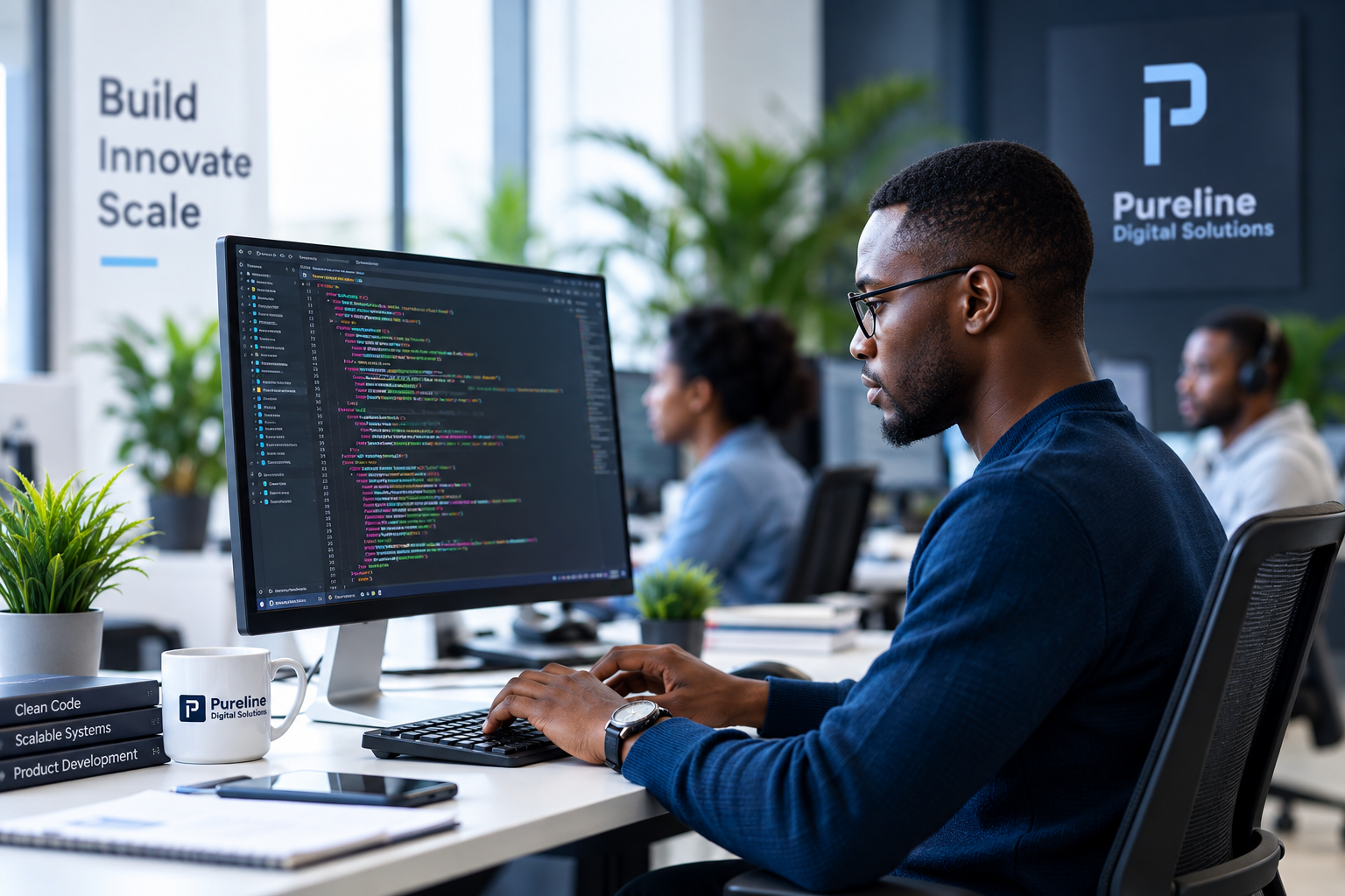 Pureline software developer working with his team